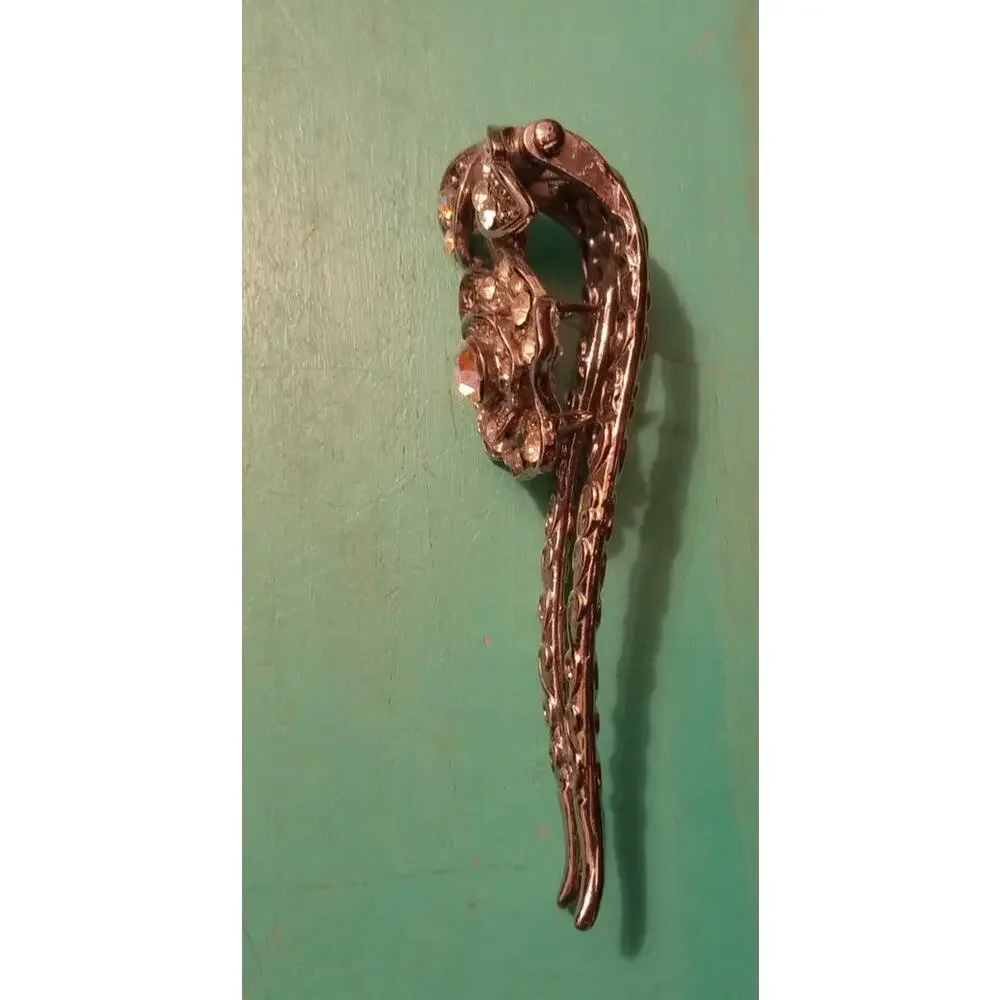 Vintage Bronze Tone Rhinestone Rose Hair Fork Stick Pin Two Prong Chignon Clip